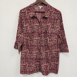 Catherines Womens 3/4 Sleeve Button Up‎ Top Size 1X Purple Office Retro Artsy